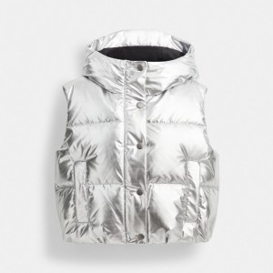 Geaca Dama COACH® Puffer Vest In Metallic Argintii | ROMQJ646